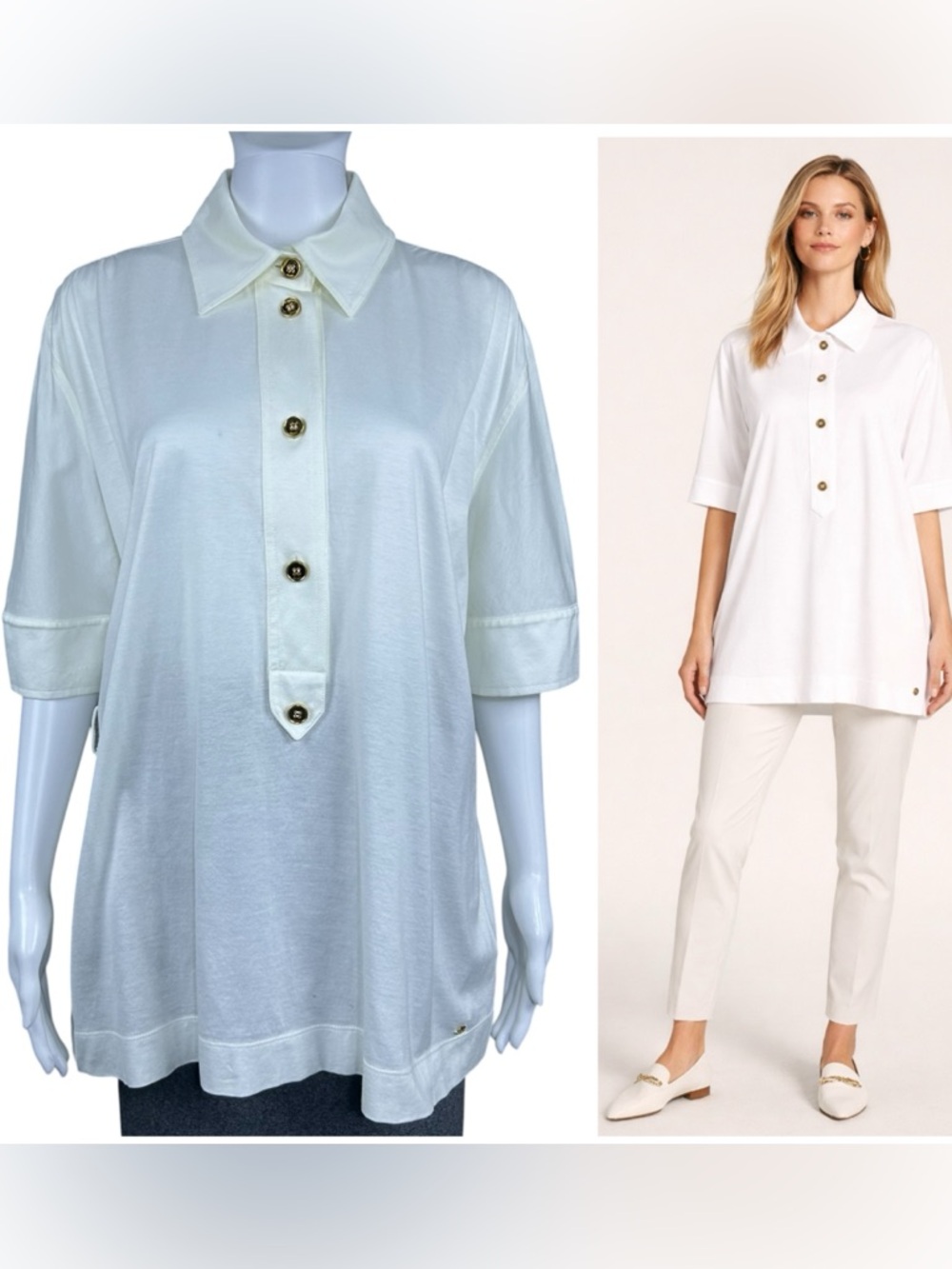 Escada White Cotton Polo Top Size 12 Oversized Short Sleeve Gold Button Tunic